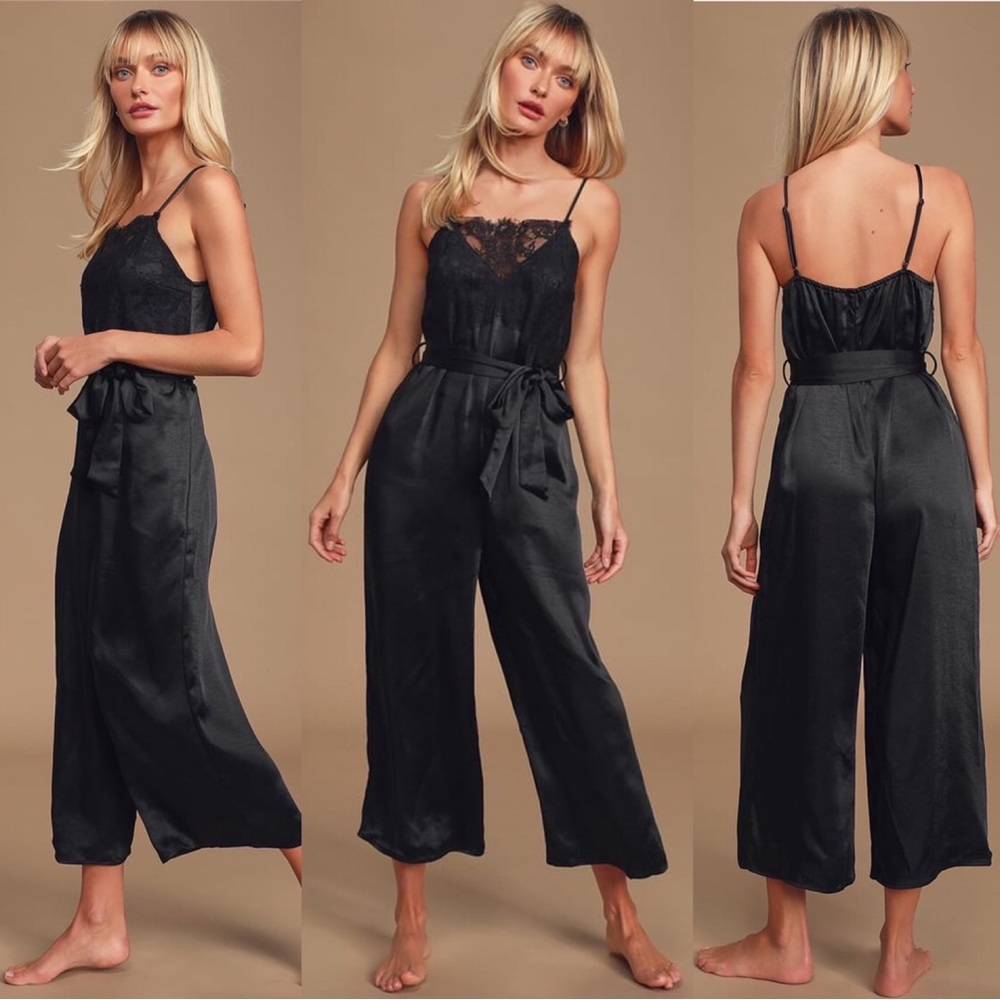 Vision of Perfection Black Satin Lace Culotte Jumpsuit